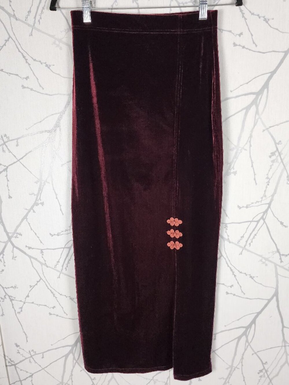 Burgundy Velvet Front Slit Elastic Waist Midi Pencil Skirt